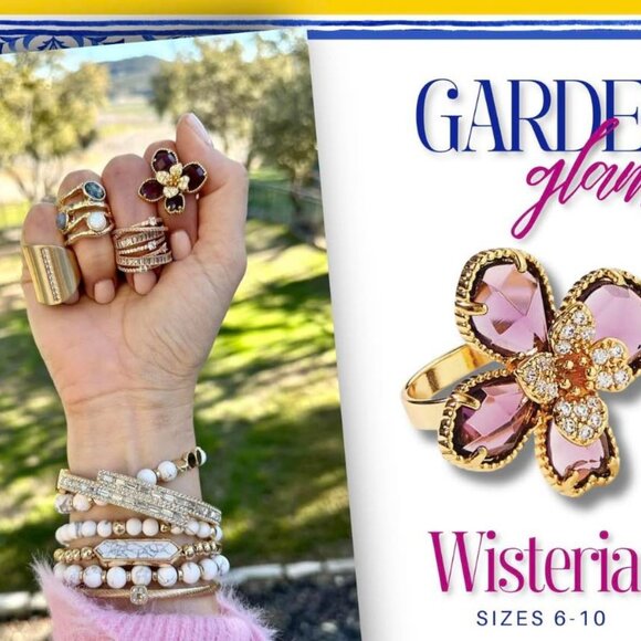 Stunning Retired Park Lane Wisteria Purple Crystal Gold Tone Flower Ring Sz 6 - Picture 2 of 2